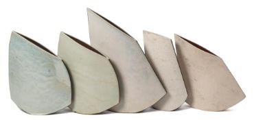 *Val Barry (1937-2018) five stoneware vessels: of narrow slab built profile with angular rims,