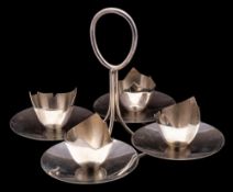A silver plated four-division egg cup stand,