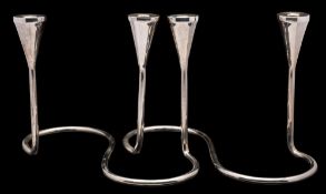 A pair of Mexican modernist silver twin branch candlesticks, stamped Sterling 0.