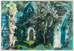 * John Piper [1903-1992]- Overgrown churchyard with view to arched wooded door,:- screenprint,
