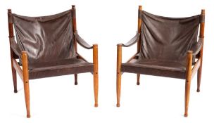 Erik Worts for N Eliersen, a pair of rosewood and brown leather 'Safari' chairs:, circa 1960s,