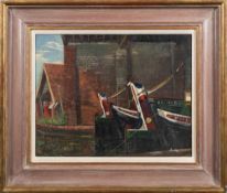 * Frank J. Archer [b.1912]- Moored Narrow Boats,:- signed bottom right oil on board, 33.5 x 42.5cm.