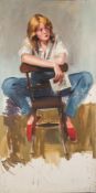 * Robert O Lenkiewicz [1941-2002]- Seated Girl; red hair, red shoes,:- oil on canvas, 178 x 88cm,