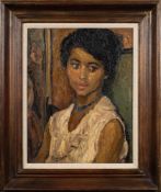 * Ronald Ossory Dunlop [1897-1973]- Portrait; blue beads,:- signed bottom left oil,on canvas,