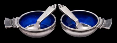 A pair of Georg Jensen silver and enamel salts, stamped marks and bears import marks for London,
