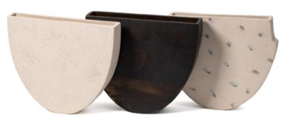 *Val Barry (1937-2018) three stoneware 'flattened bowls': of narrow profile on demi-lune bases,