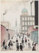 * Laurence Stephen Lowry [1887-1976]- Mrs Swindells Picture,:- coloured print,