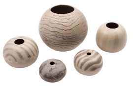 *Val Barry (1937-2018) three stoneware 'spheres' and two 'compressed spheres': the largest coil