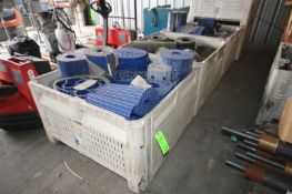 (5) Macro-Bins Full of Spare Conveyor Belts, with Interlock Belt Rolls, (1) Bin Full of Vinyl