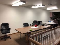 Remaining Contents in Upstairs Common Area, Includes (1) Circular Table, (1) Long Square Table (