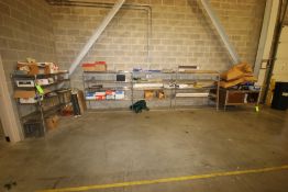 (4) Wire Shelving Units with Contents, Includes NEW Uline Tape, Papper Cutting Board, Crimpers, (