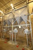 Dual Hopper Carbon Steel Surge Bins, Aprox. 4’ L x 4’ W x 4’ H with Dual Gravity Fed Pyramid