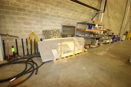 Contents of Back Wall, Include (9) Black Stands, Scrap Dry Wall, 4-Shelf Unit with Contents, (2)