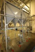 Dual Hopper Carbon Steel Surge Bins, Aprox. 4’ L x 4’ W x 4’ H with Dual Gravity Fed Pyramid