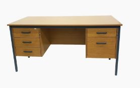 Pale oak-effect laminated office desk with five short drawers and swivel chair, the desk 151cm wide
