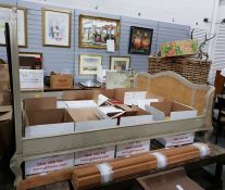 Five foot double caned bedframe in the French manner painted grey with acanthus moulding to the