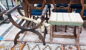 Cross framed chair with brass studded leather covered arms, an oak stool with rectangular