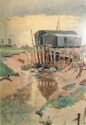 Unattributed Watercolour drawing Low tide with sailing vessels beneath boat sheds, 34cm x 22cm