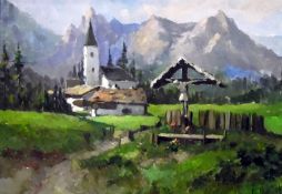 20th century Continental School Oil on canvas Church in the Alps, indistinctly signed lower right,