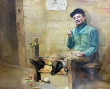 19th century English School Oil on canvas Jockey in stocks, unsigned, 51.5cm x 62cm