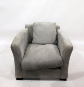 Grey suede upholstered low square-back armchair with loose cushion