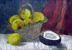 Early 20th century English school Oil on canvas Still life with basket of apples, 24.5cm x 35cm