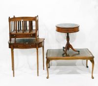 Small yew wood drum table with inset leather top, a rectangular coffee table with glass plate top, a