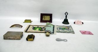 Electroplated sandwich box, a modern reproduction bell, a 'B R Lookout' tinplate armband, assorted