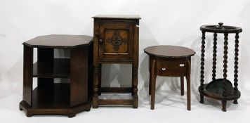 Oak sewing table with wavy edge top, an umbrella stand with spiral supports, a small oak side