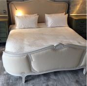 French style painted frame double bed with cushioned head and tail boards, slatted base with twin