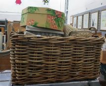Large wicker twin handled log basket together with further various wicker baskets, hat box,