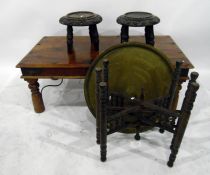 Indian rectangular top coffee table with turned supports, a circular top occasional table, a
