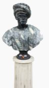 Carved marble bust of a blackamoor wearing a turban on socle base and a white painted fluted