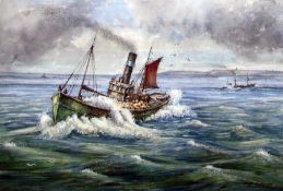 Jeff Richmond Watercolour drawing  Fishing vessels off the coast, signed, 32.5cm x 49cm