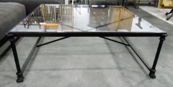 Black painted metal-framed glass-topped coffee table, 122cm square