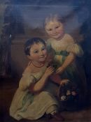 19th century English School Oil on canvas Children in garden with flower basket, unsigned, 91 x