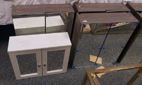 White painted wall cabinet with mirror panel doors and three further mirror door wall cupboards (