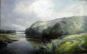 Larpent Roberts (d.1890) Oil on canvas Pastoral river landscape with haymaking and cattle, signed