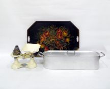 Aluminium fish kettle, a pair of Viking kitchen scales with weights and a two-handled papier mache