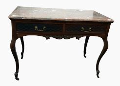 Late Victorian Georgian style pink veined marble-top side table, the pair of frieze drawers with bli