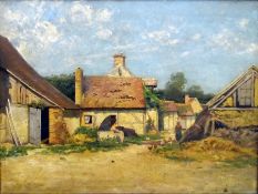 Davidson Oil on canvas  Farmyard scene with figure feeding chickens, signed lower right, 44cm x 59