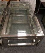 Glass rectangular top coffee table with matching pair of smaller tables, chromed steel frames,