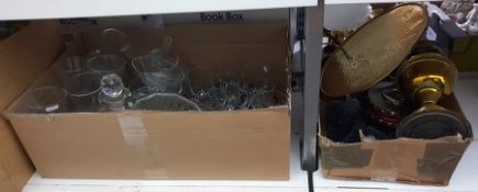 Three boxes of assorted glassware and metalware to include jugs, bowls, decanters, tumblers,