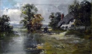 W Richards Oil on canvas Rustic river scene with figure and cart on path, signed lower right, 30cm