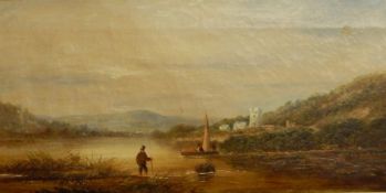 Jackson(?) (19th Century) Oil on canvas River scene with fishermen in foreground, buildings