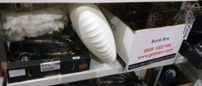 Two boxes of various lighting to include a glass drop chandelier, a cream shade, a feather-style