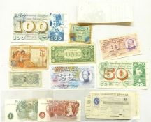 Assorted British and other banknotes to include examples from Switzerland, France, America, etc