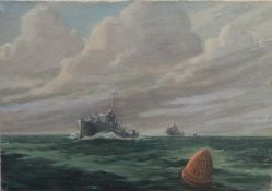 Oil on board Unattributed Naval Ships in Convoy 35 x51 cms  and Two watercolours, RAF planes on
