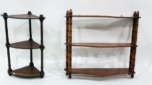 Stained wood wall hanging corner shelf bracket with gilt mounts and gallery and a stained wood