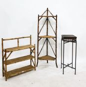19th century bamboo corner whatnot, a further bamboo-framed whatnot and a modern standard lamp table